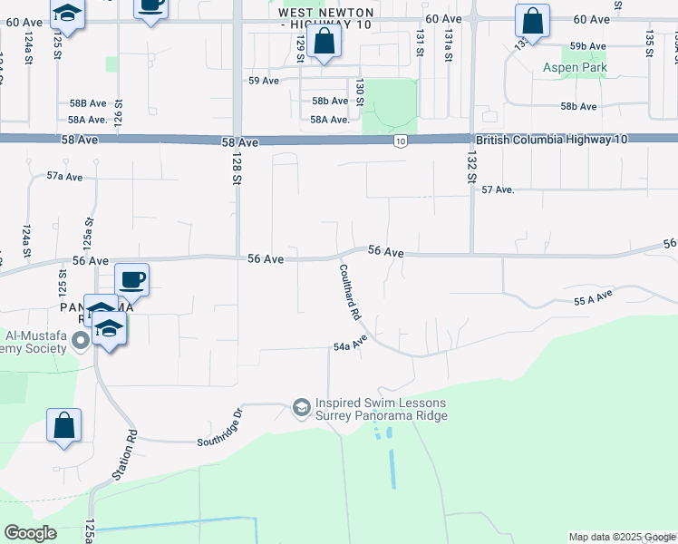 map of restaurants, bars, coffee shops, grocery stores, and more near 12958 Coulthard Road in Surrey