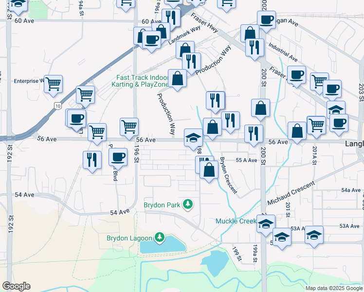 map of restaurants, bars, coffee shops, grocery stores, and more near 19730 56 Avenue in Langley