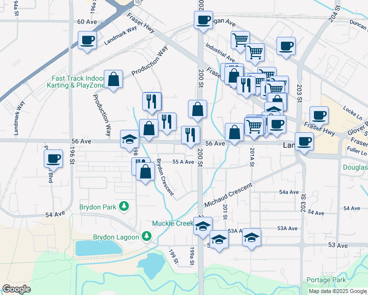 map of restaurants, bars, coffee shops, grocery stores, and more near 19952 56 Avenue in Langley