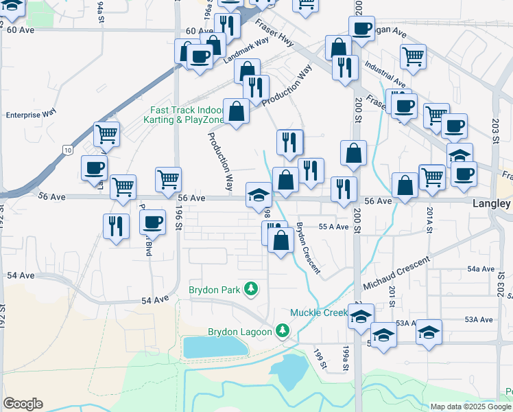 map of restaurants, bars, coffee shops, grocery stores, and more near 19774 56 Avenue in Langley