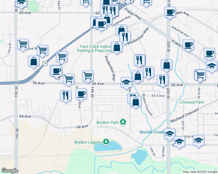 map of restaurants, bars, coffee shops, grocery stores, and more near 19690 56 Avenue in Langley