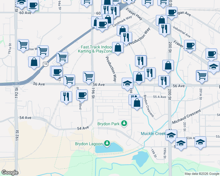 map of restaurants, bars, coffee shops, grocery stores, and more near 19690 56 Avenue in Langley