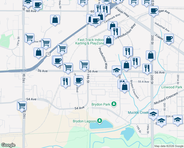 map of restaurants, bars, coffee shops, grocery stores, and more near 19624 56 Avenue in Langley