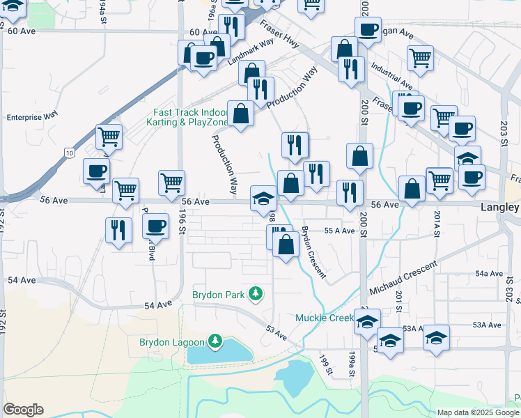 map of restaurants, bars, coffee shops, grocery stores, and more near 5600 198 Street in Langley