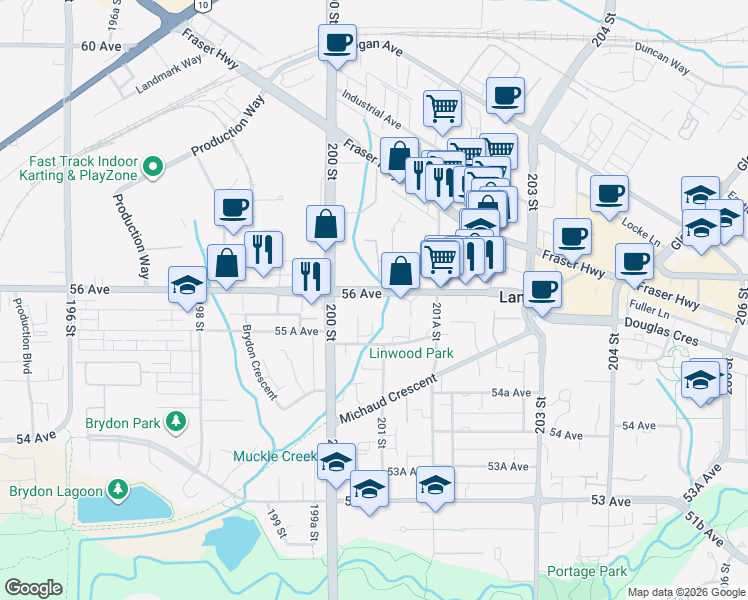 map of restaurants, bars, coffee shops, grocery stores, and more near 20064 56 Avenue in Langley