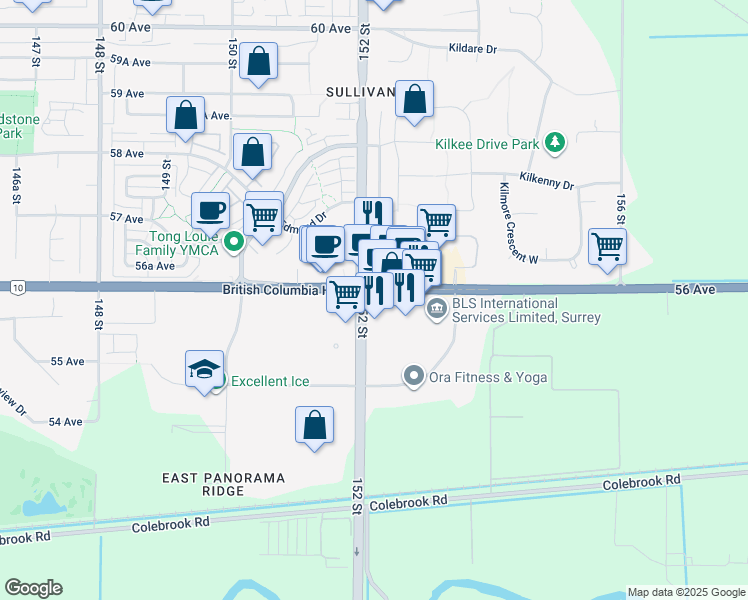 map of restaurants, bars, coffee shops, grocery stores, and more near 15220 56 Avenue in Surrey