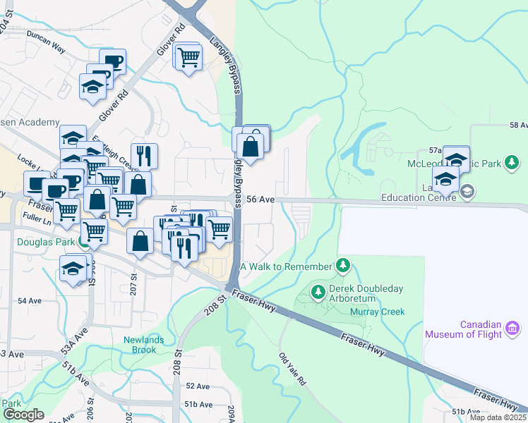 map of restaurants, bars, coffee shops, grocery stores, and more near 20976 56 Avenue in Langley City