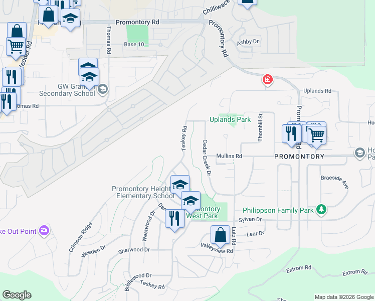 map of restaurants, bars, coffee shops, grocery stores, and more near 4727 Teskey Road in Chilliwack