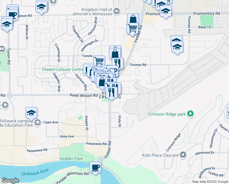 map of restaurants, bars, coffee shops, grocery stores, and more near 5616 Vedder Road in Chilliwack