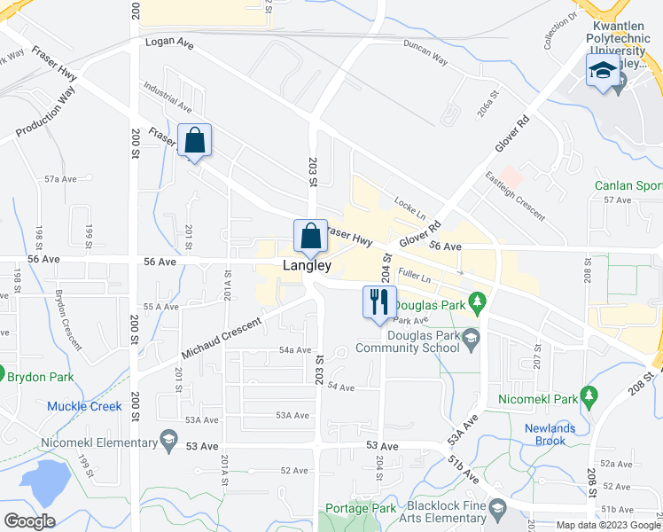 map of restaurants, bars, coffee shops, grocery stores, and more near 20316 56 Avenue in Langley City