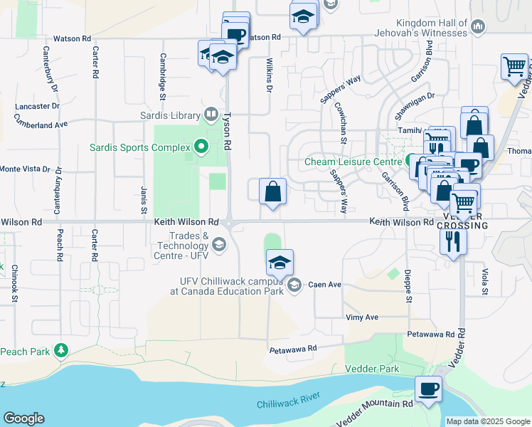 map of restaurants, bars, coffee shops, grocery stores, and more near 5614 Kathleen Drive in Chilliwack