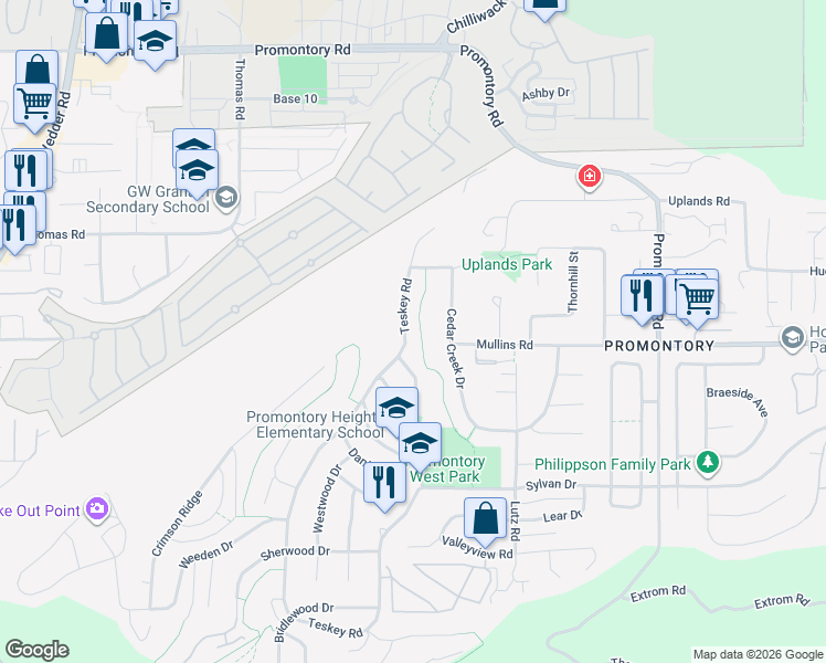 map of restaurants, bars, coffee shops, grocery stores, and more near 5591 Cedarcreek Drive in Chilliwack