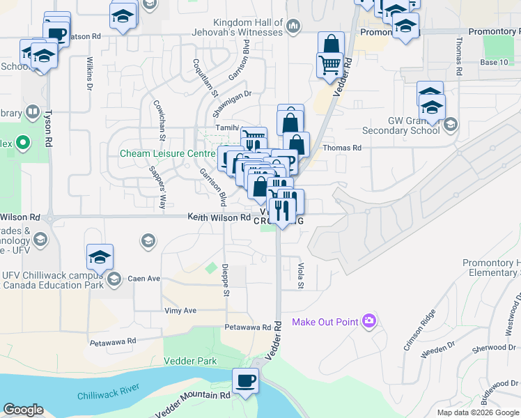 map of restaurants, bars, coffee shops, grocery stores, and more near 45575 Keith Wilson Road in Chilliwack