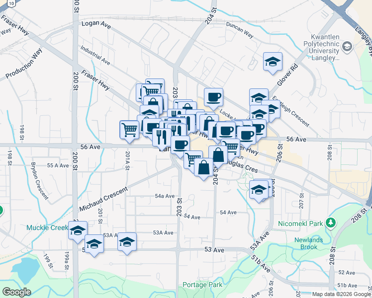 map of restaurants, bars, coffee shops, grocery stores, and more near 20316 56 Avenue in Langley City