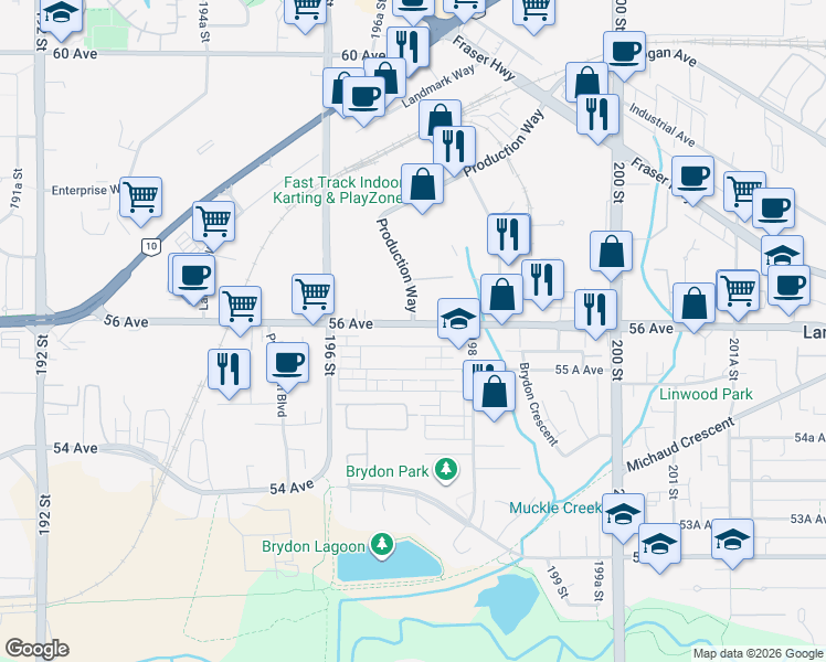 map of restaurants, bars, coffee shops, grocery stores, and more near 19712 56 Avenue in Langley City