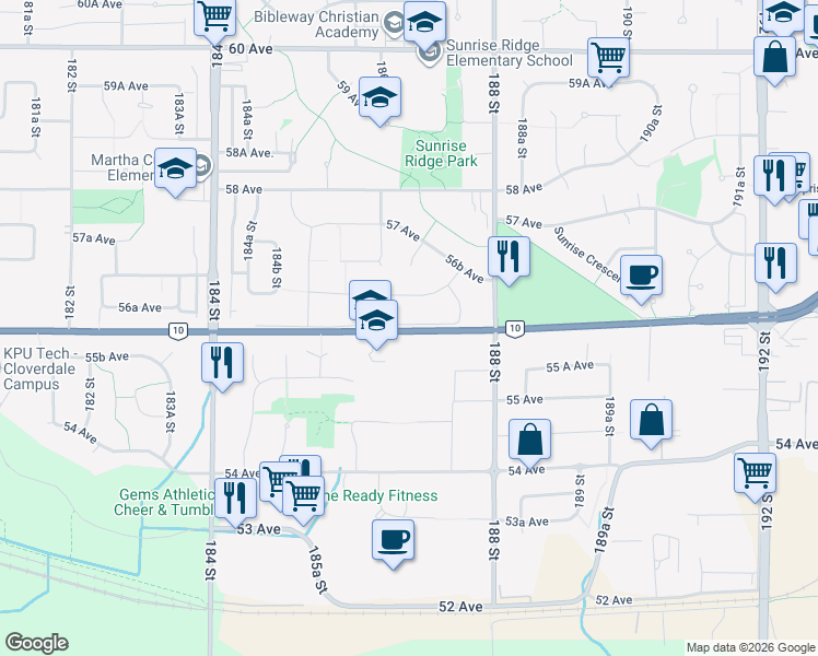 map of restaurants, bars, coffee shops, grocery stores, and more near 18589 56 Avenue in Surrey