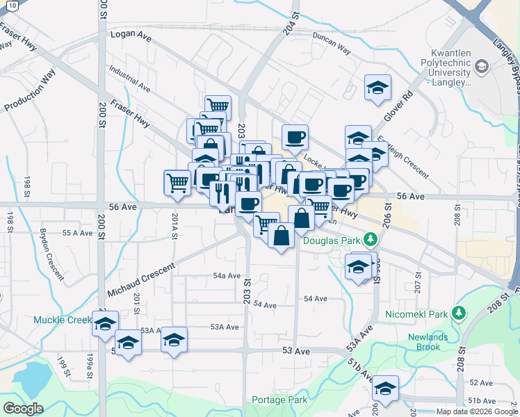 map of restaurants, bars, coffee shops, grocery stores, and more near in Langley