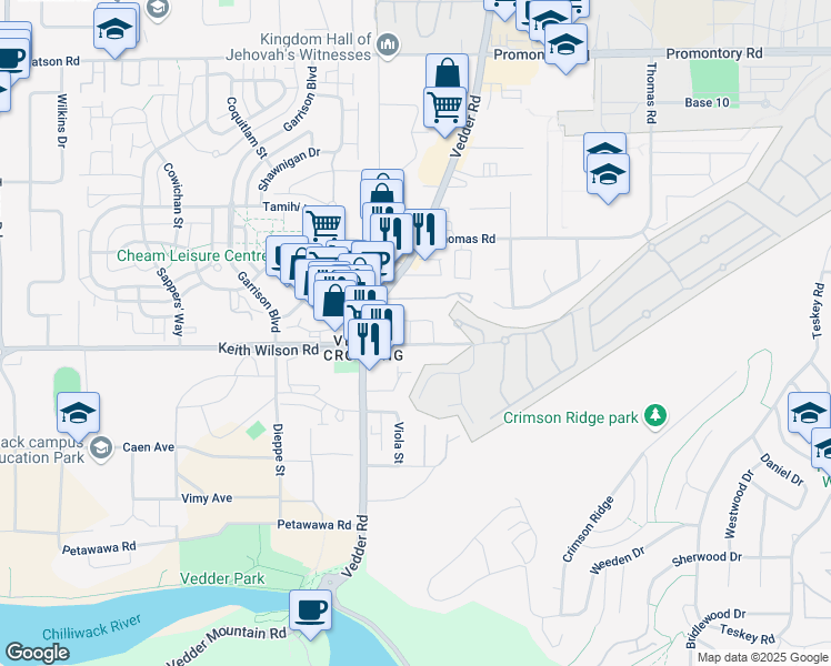 map of restaurants, bars, coffee shops, grocery stores, and more near 45649 Laura Crescent in Chilliwack