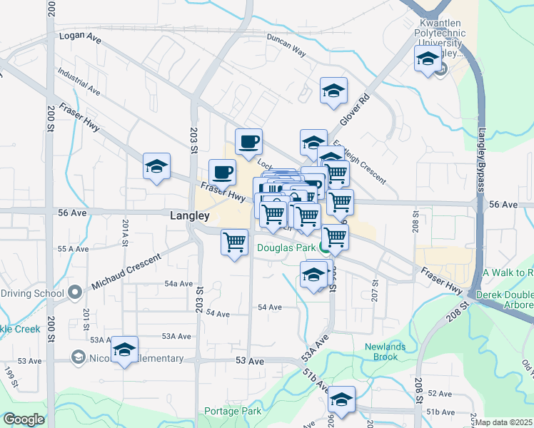 map of restaurants, bars, coffee shops, grocery stores, and more near in Langley
