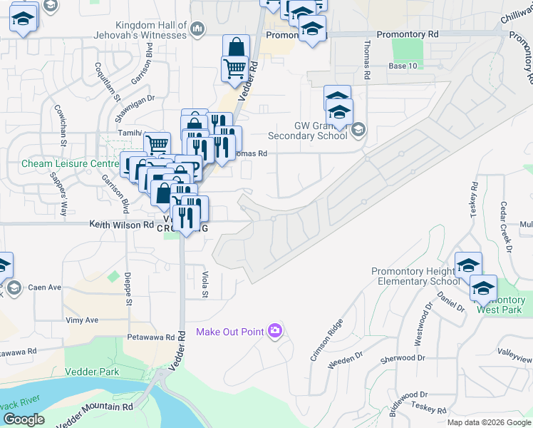 map of restaurants, bars, coffee shops, grocery stores, and more near 45750 Keith Wilson Road in Chilliwack