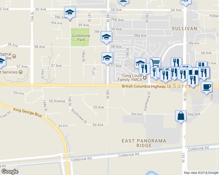 map of restaurants, bars, coffee shops, grocery stores, and more near 14848 56 Avenue in Surrey