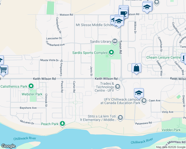 map of restaurants, bars, coffee shops, grocery stores, and more near 5610 Janis Street in Chilliwack