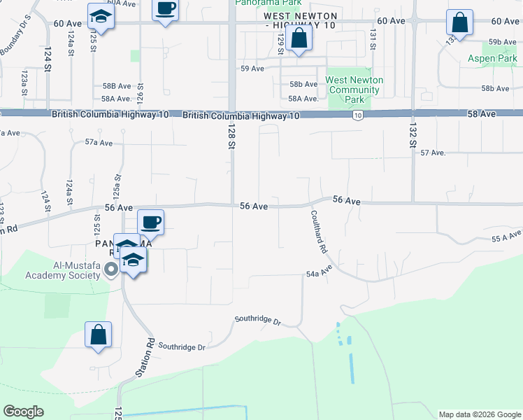 map of restaurants, bars, coffee shops, grocery stores, and more near 12866 56 Avenue in Surrey