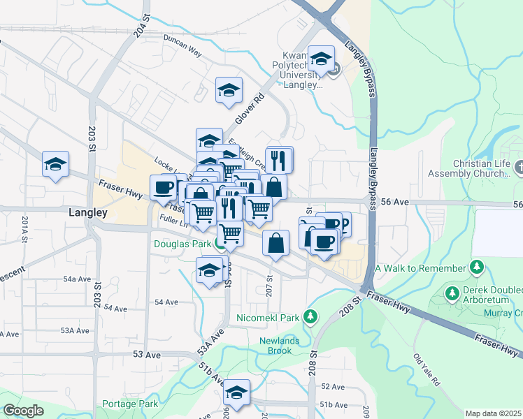 map of restaurants, bars, coffee shops, grocery stores, and more near 20680 56 Avenue in Langley