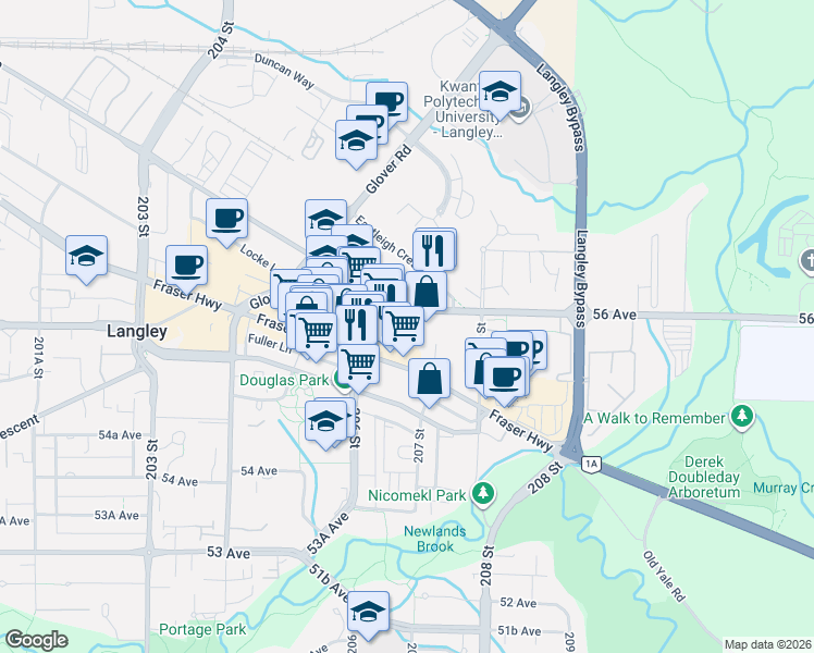 map of restaurants, bars, coffee shops, grocery stores, and more near in Langley