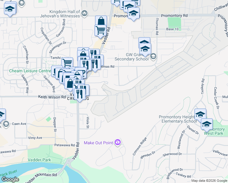 map of restaurants, bars, coffee shops, grocery stores, and more near 45750 Keith Wilson Road in Chilliwack
