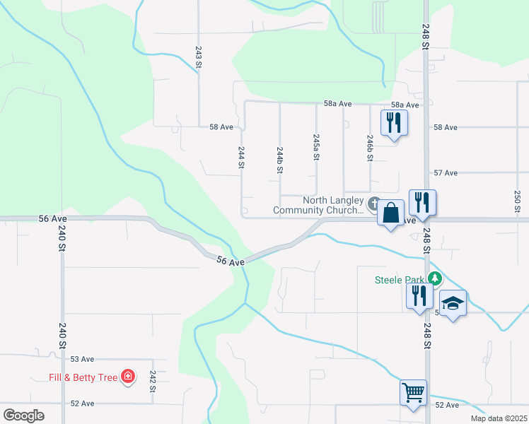 map of restaurants, bars, coffee shops, grocery stores, and more near 24457 56 Avenue in Langley Township