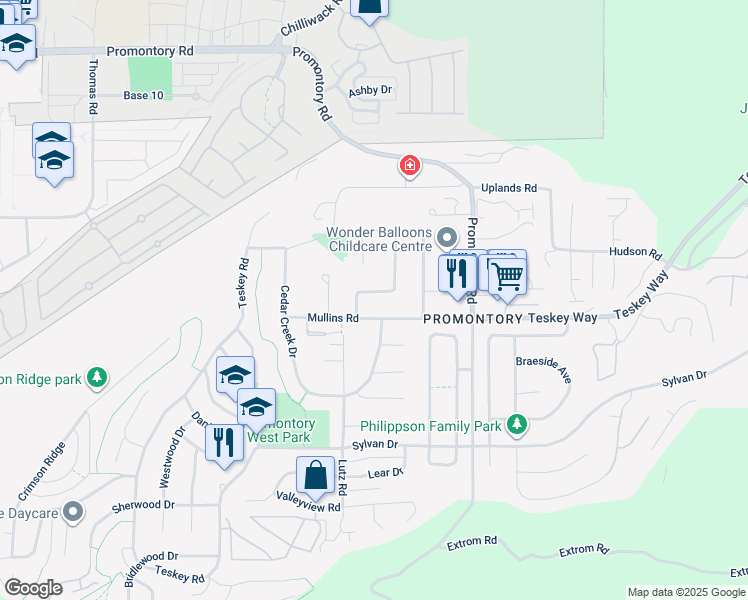 map of restaurants, bars, coffee shops, grocery stores, and more near 5628 Thornhill Street in Chilliwack