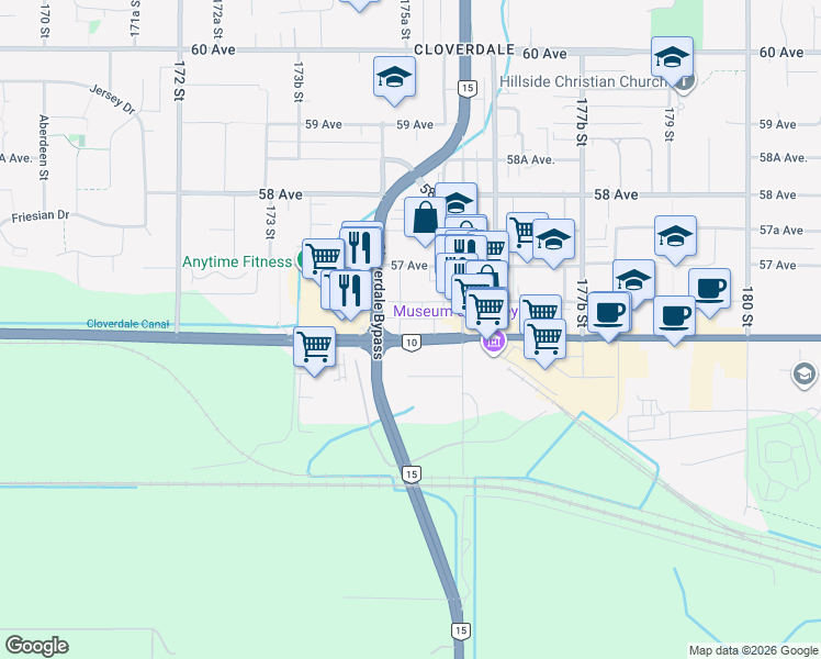 map of restaurants, bars, coffee shops, grocery stores, and more near 17537 56 Avenue in Surrey