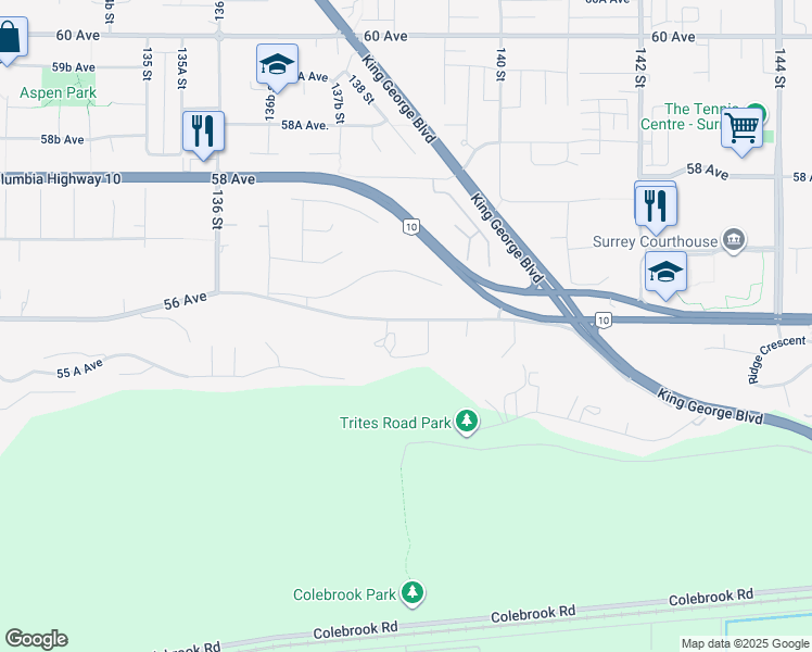 map of restaurants, bars, coffee shops, grocery stores, and more near 13866 56 Avenue in Surrey