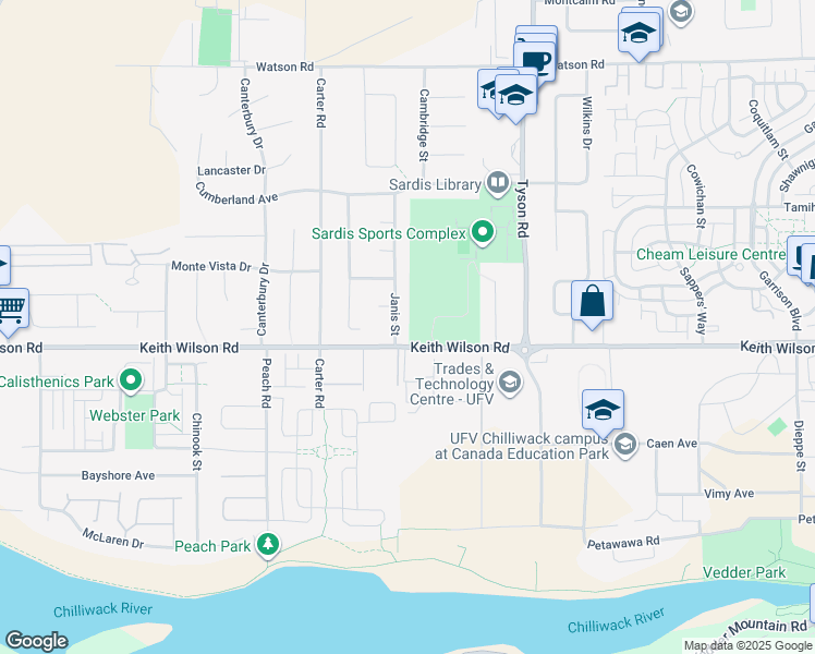 map of restaurants, bars, coffee shops, grocery stores, and more near 5610 Janis Street in Chilliwack
