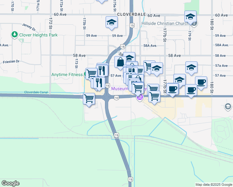 map of restaurants, bars, coffee shops, grocery stores, and more near in Surrey