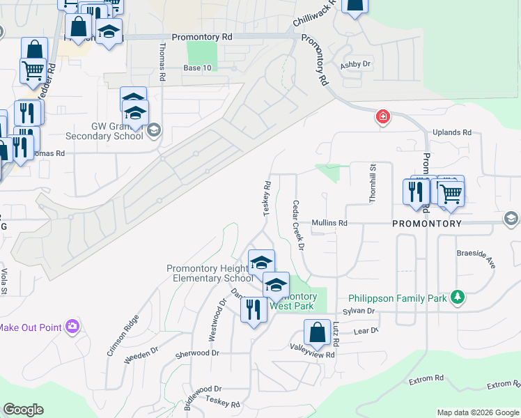 map of restaurants, bars, coffee shops, grocery stores, and more near 4706 Teskey Road in Chilliwack