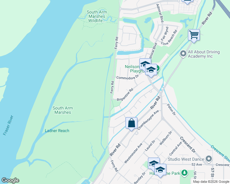 map of restaurants, bars, coffee shops, grocery stores, and more near 5549 Frigate Road in Delta