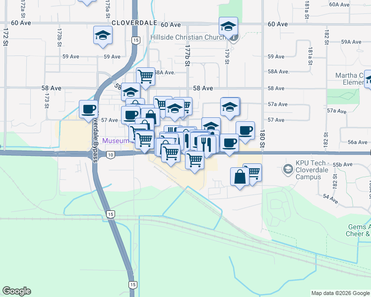 map of restaurants, bars, coffee shops, grocery stores, and more near 104-17790 British Columbia 10 in Surrey