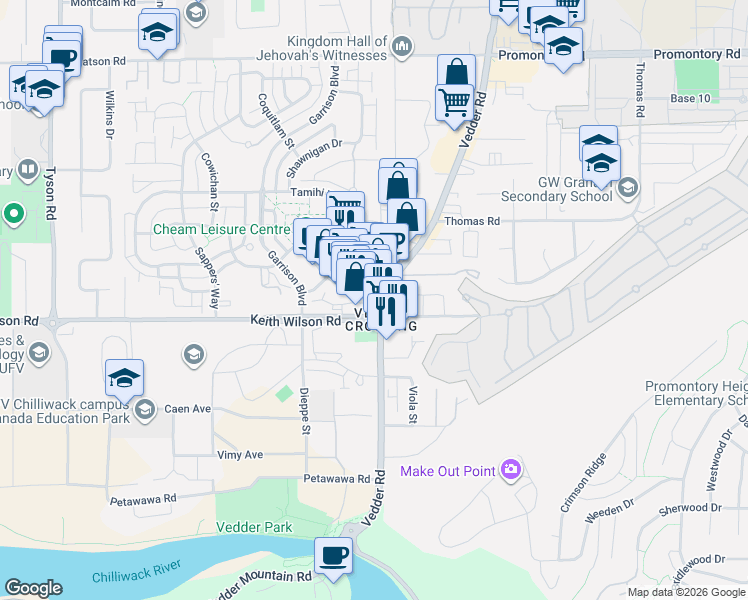 map of restaurants, bars, coffee shops, grocery stores, and more near 45590 Market Way in Chilliwack