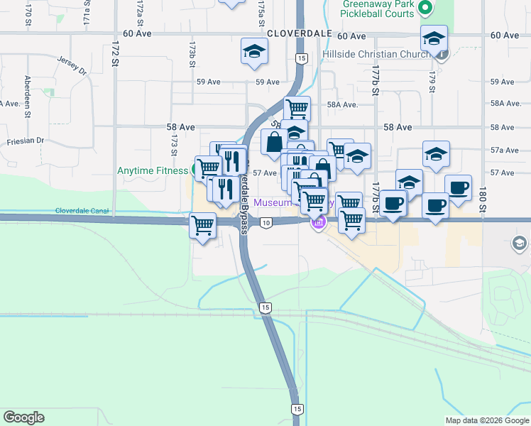 map of restaurants, bars, coffee shops, grocery stores, and more near 17537 56 Avenue in Surrey