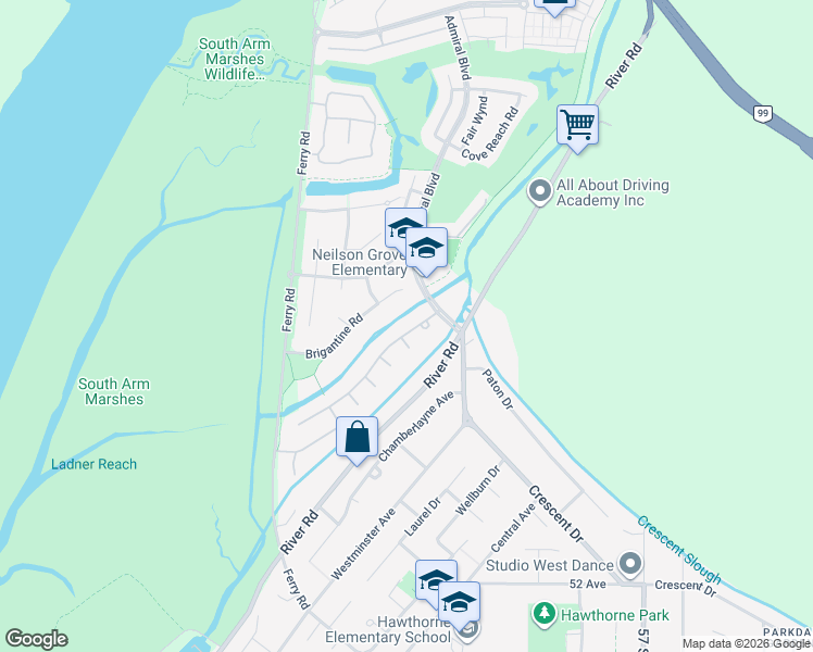 map of restaurants, bars, coffee shops, grocery stores, and more near 5371 Regatta Way in Delta