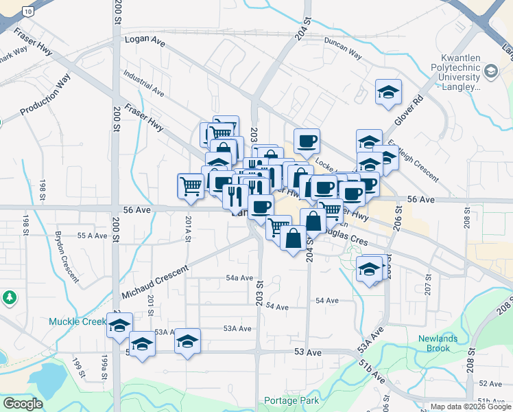 map of restaurants, bars, coffee shops, grocery stores, and more near 201 56 Avenue in Langley