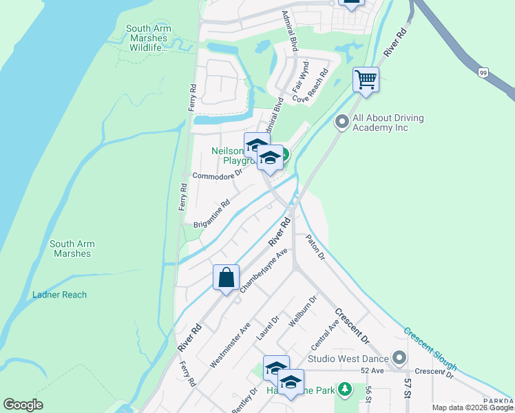 map of restaurants, bars, coffee shops, grocery stores, and more near 5371 Regatta Way in Delta
