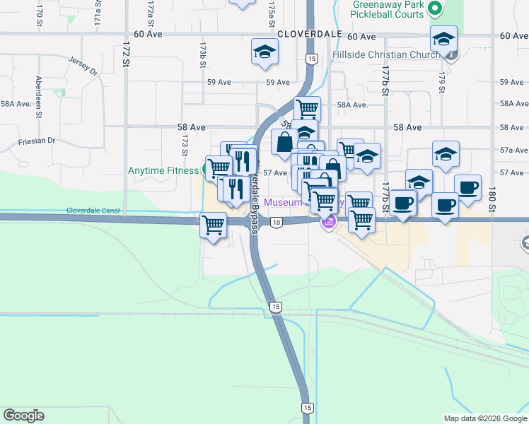 map of restaurants, bars, coffee shops, grocery stores, and more near 5378 175 Street in Surrey
