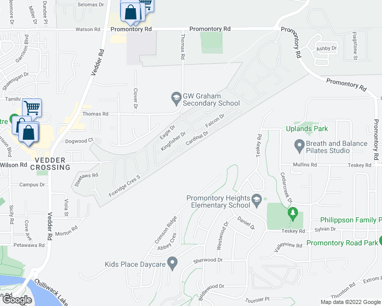 map of restaurants, bars, coffee shops, grocery stores, and more near Cardinal Drive in Chilliwack