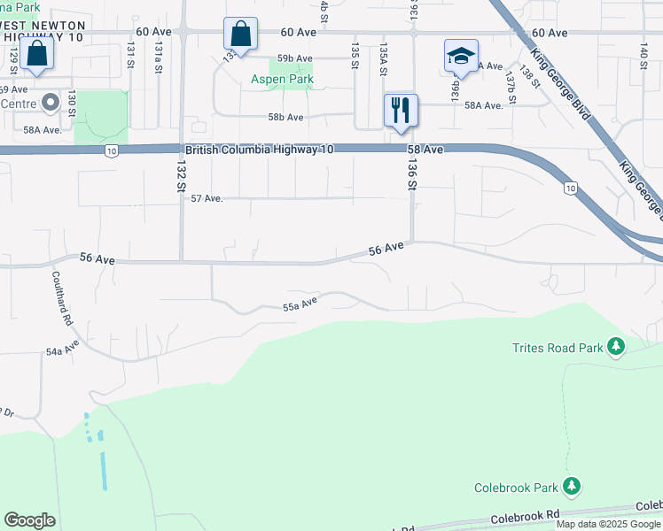 map of restaurants, bars, coffee shops, grocery stores, and more near 13464 56 Avenue in Surrey