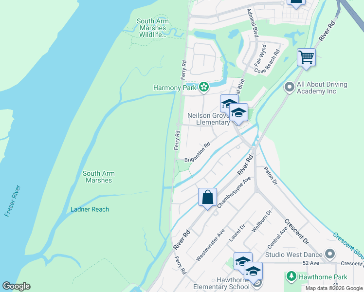 map of restaurants, bars, coffee shops, grocery stores, and more near 5549 Frigate Road in Delta
