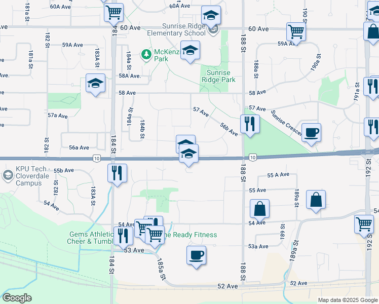 map of restaurants, bars, coffee shops, grocery stores, and more near 18661 56 Avenue in Surrey