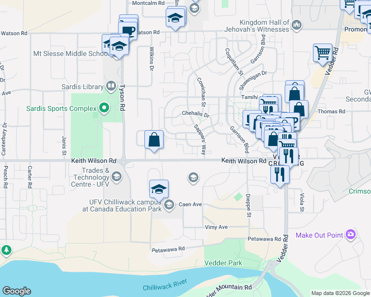 map of restaurants, bars, coffee shops, grocery stores, and more near 45290 Soowahlie Cresent in Chilliwack